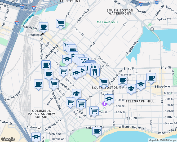 map of restaurants, bars, coffee shops, grocery stores, and more near in Boston