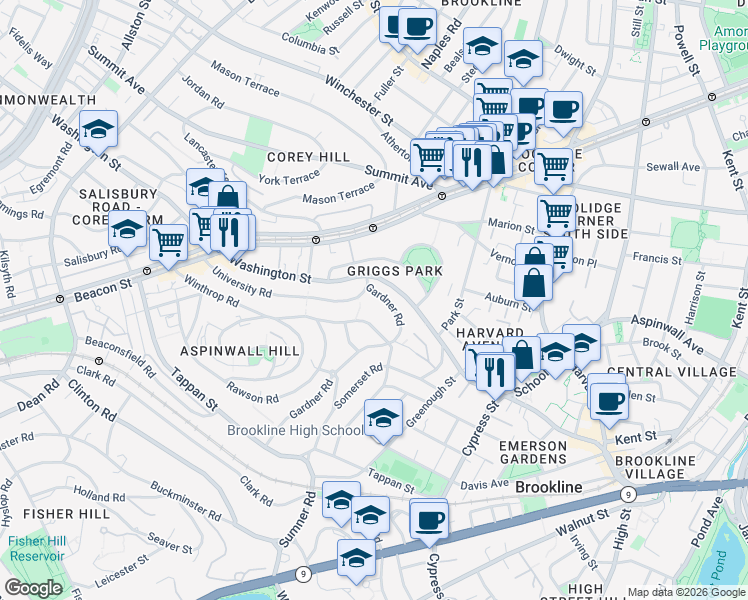 map of restaurants, bars, coffee shops, grocery stores, and more near 25 Gardner Road in Brookline