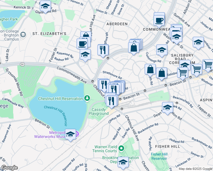 map of restaurants, bars, coffee shops, grocery stores, and more near 4 Chiswick Road in Boston