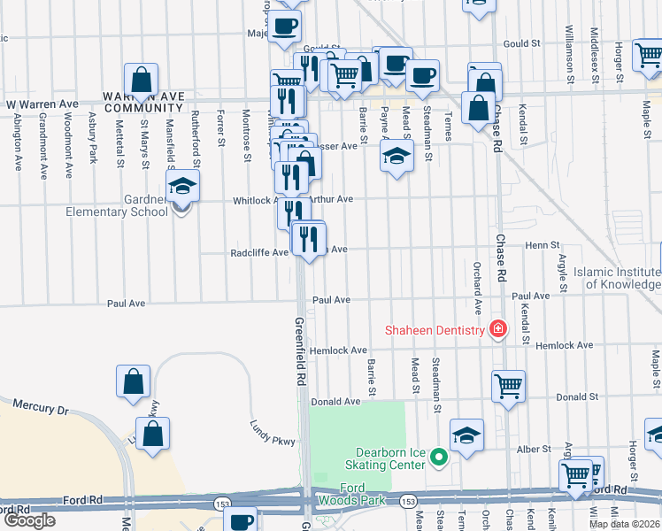 map of restaurants, bars, coffee shops, grocery stores, and more near 6440 Yinger Avenue in Dearborn