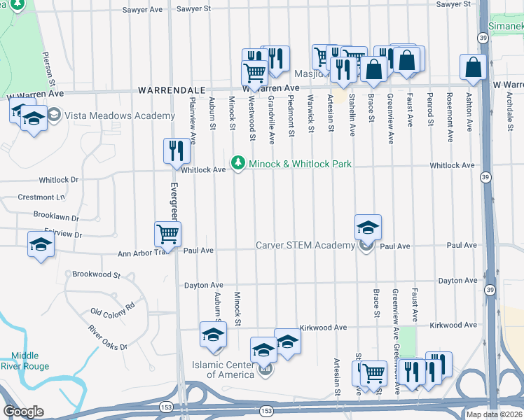 map of restaurants, bars, coffee shops, grocery stores, and more near 6409 Westwood Street in Detroit