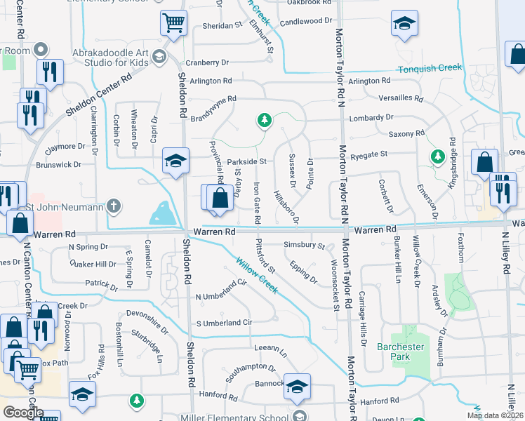 map of restaurants, bars, coffee shops, grocery stores, and more near 7315 Hillsboro Court in Canton
