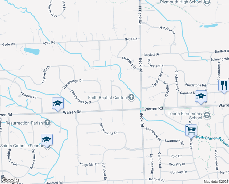 map of restaurants, bars, coffee shops, grocery stores, and more near 7365 Oakmont Drive in Canton