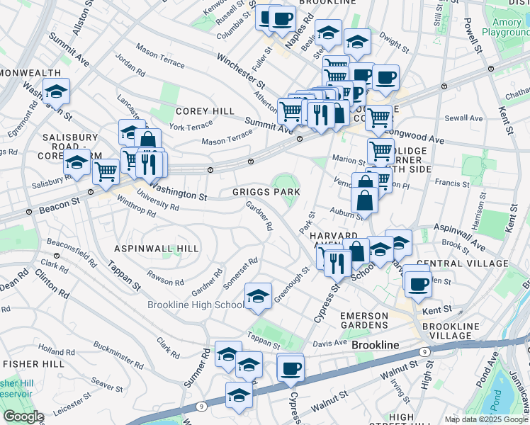 map of restaurants, bars, coffee shops, grocery stores, and more near 25 Gardner Road in Brookline