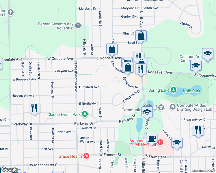 map of restaurants, bars, coffee shops, grocery stores, and more near 80 East Baldwin Avenue in Battle Creek