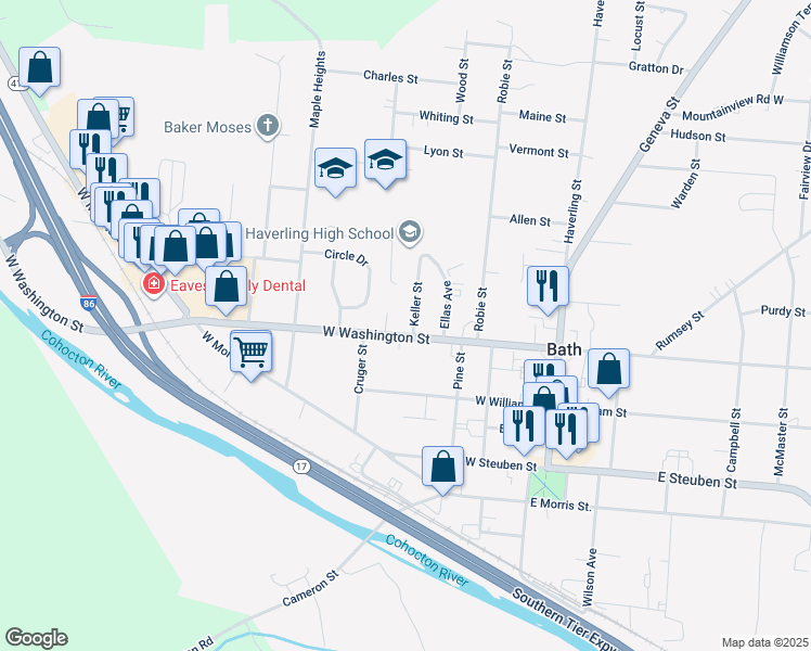 map of restaurants, bars, coffee shops, grocery stores, and more near 120 West Washington Street in Bath