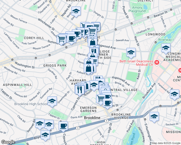 map of restaurants, bars, coffee shops, grocery stores, and more near 137 Harvard Street in Brookline