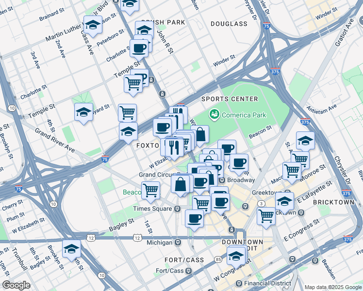 map of restaurants, bars, coffee shops, grocery stores, and more near 26 West Elizabeth Street in Detroit