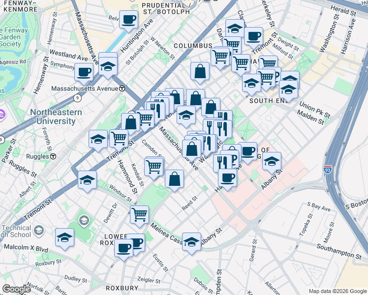 map of restaurants, bars, coffee shops, grocery stores, and more near 620 Massachusetts Avenue in Boston