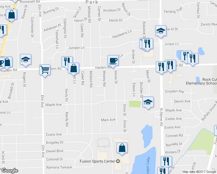 map of restaurants, bars, coffee shops, grocery stores, and more near 7807 Wesley Road in Machesney Park