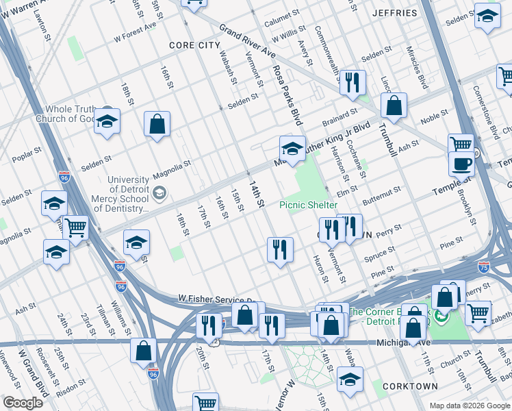 map of restaurants, bars, coffee shops, grocery stores, and more near 3309 14th Street in Detroit