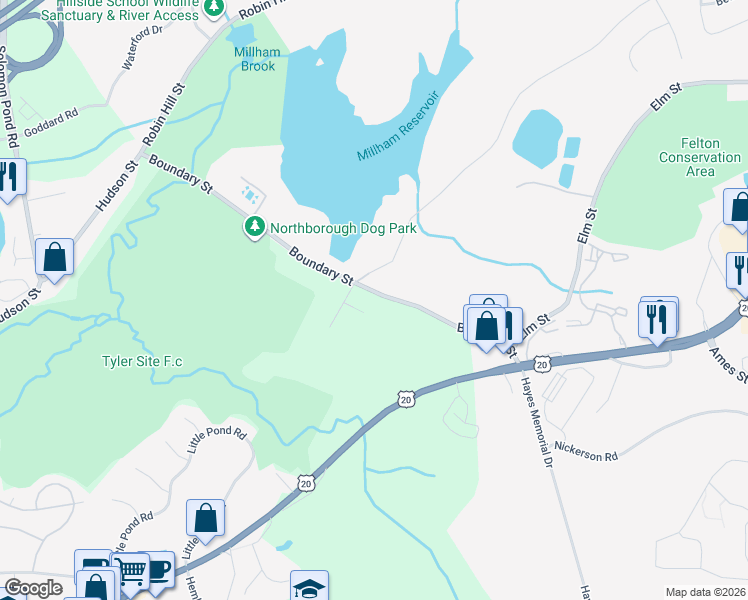 map of restaurants, bars, coffee shops, grocery stores, and more near 222 Boundary Street in Northborough