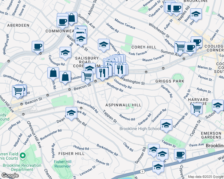map of restaurants, bars, coffee shops, grocery stores, and more near 10 Claflin Road in Brookline