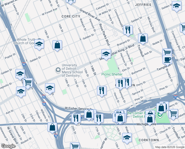 map of restaurants, bars, coffee shops, grocery stores, and more near 3309 14th Street in Detroit
