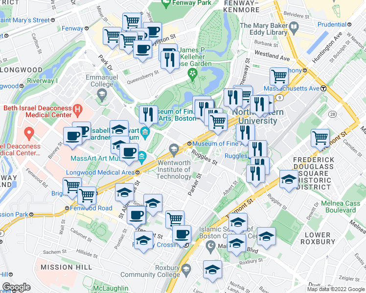 map of restaurants, bars, coffee shops, grocery stores, and more near Huntington Ave & Louis Prang St in Boston