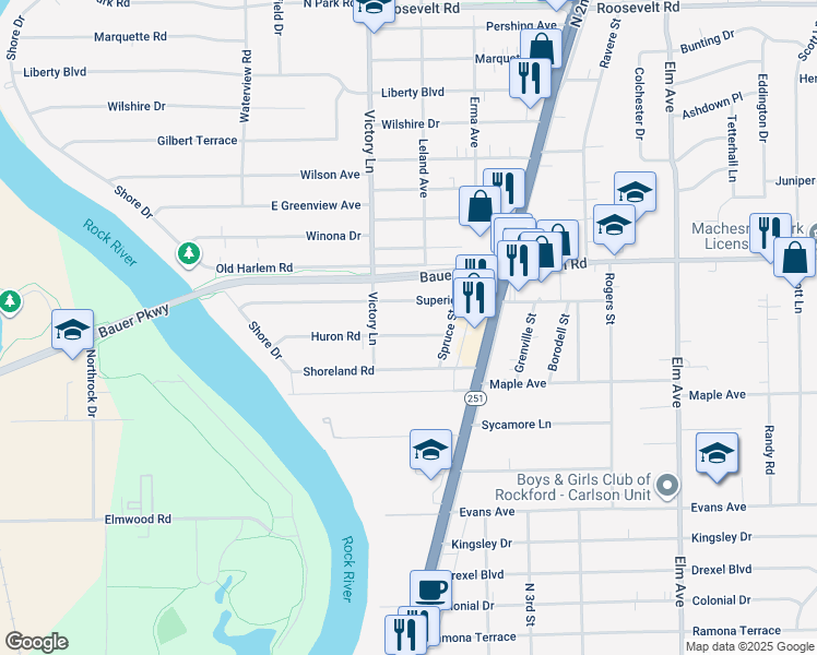 map of restaurants, bars, coffee shops, grocery stores, and more near 432 Huron Road in Machesney Park