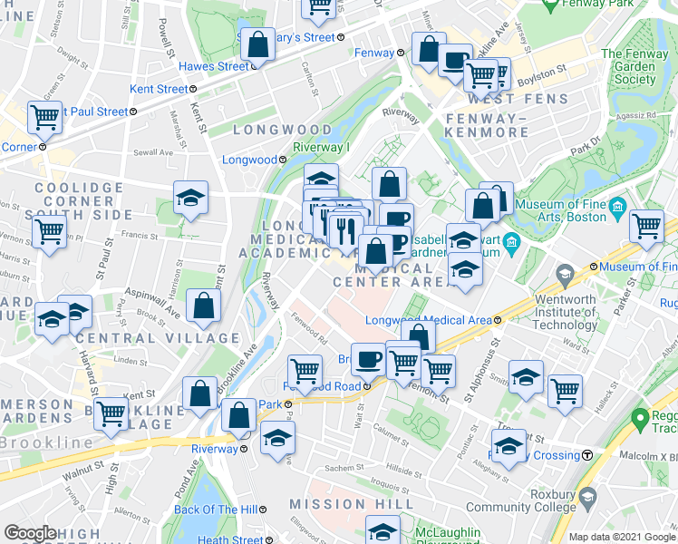map of restaurants, bars, coffee shops, grocery stores, and more near 44 Binney Street in Boston