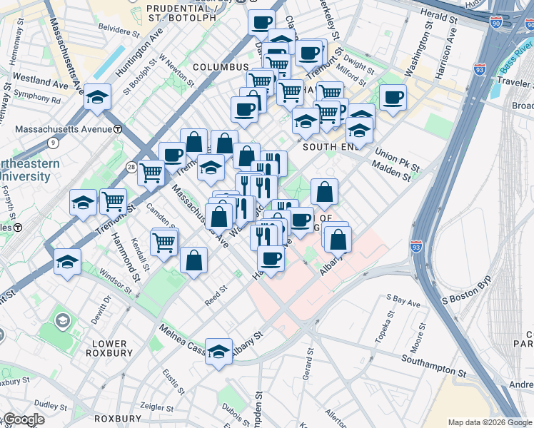 map of restaurants, bars, coffee shops, grocery stores, and more near 10 East Concord Street in Boston