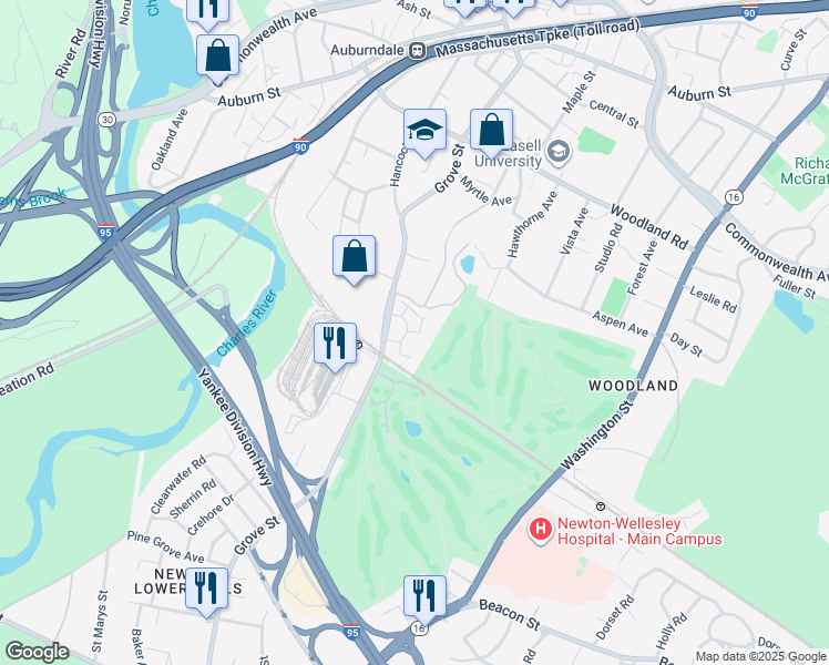 map of restaurants, bars, coffee shops, grocery stores, and more near 264 Grove Street in Newton