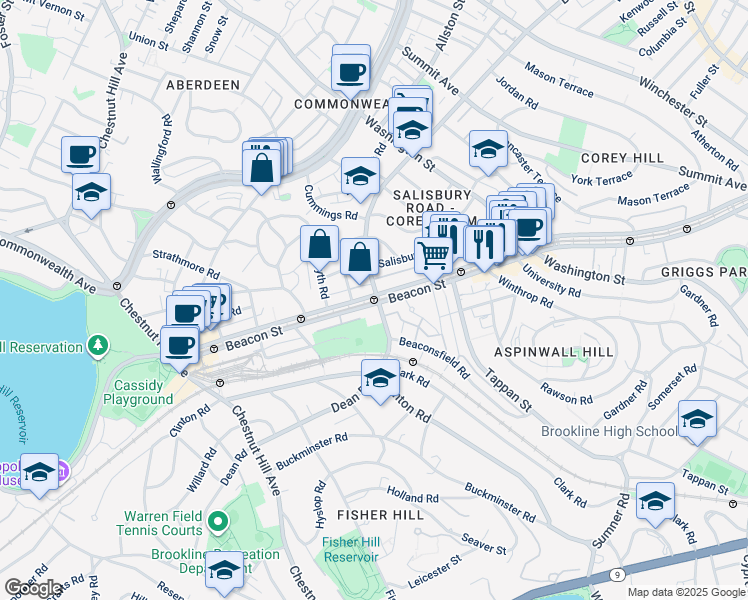 map of restaurants, bars, coffee shops, grocery stores, and more near Dean Road in Brookline