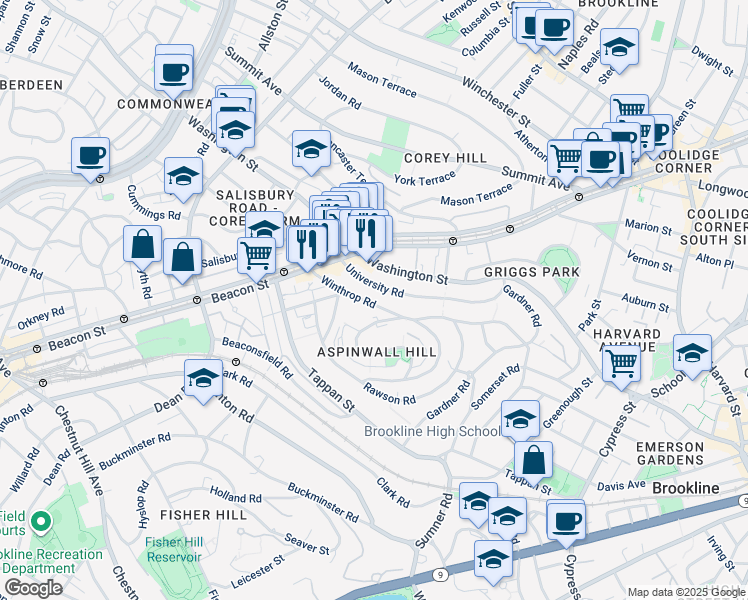 map of restaurants, bars, coffee shops, grocery stores, and more near 148 Winthrop Road in Brookline