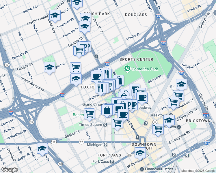 map of restaurants, bars, coffee shops, grocery stores, and more near 2111 Woodward Avenue in Detroit