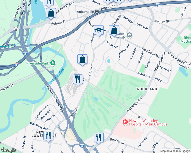 map of restaurants, bars, coffee shops, grocery stores, and more near 282 Grove Street in Newton