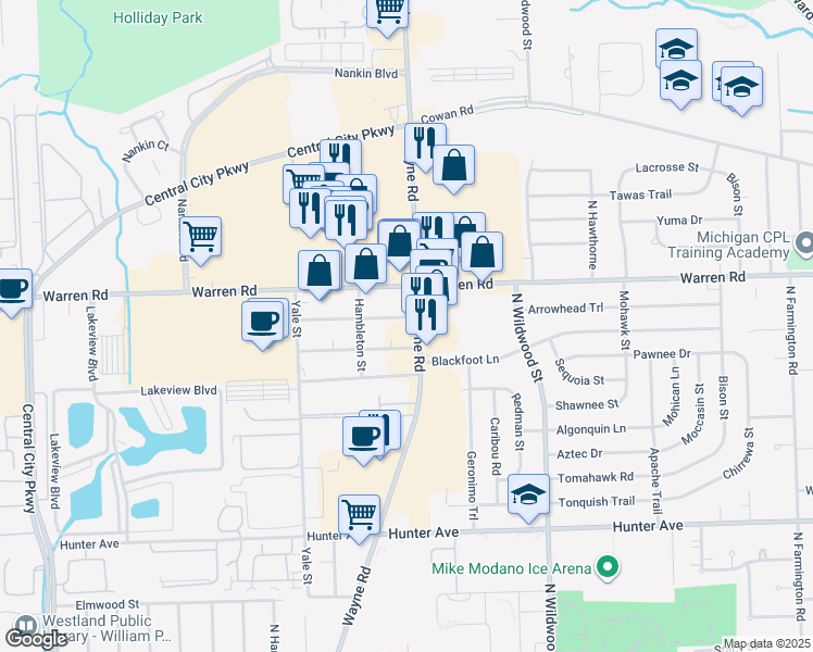 map of restaurants, bars, coffee shops, grocery stores, and more near 7011 North Wayne Road in Westland