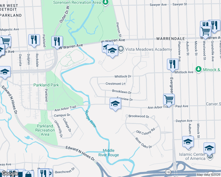 map of restaurants, bars, coffee shops, grocery stores, and more near 20836 Brooklawn Drive in Dearborn Heights
