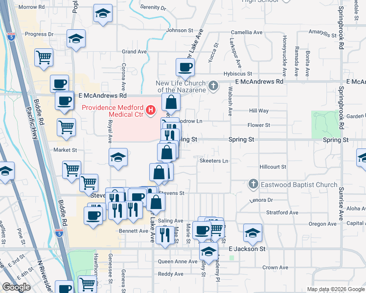 map of restaurants, bars, coffee shops, grocery stores, and more near 1112 Spring Street in Medford