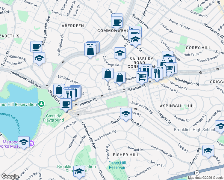 map of restaurants, bars, coffee shops, grocery stores, and more near 1804 Beacon Street in Brookline