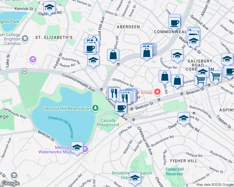 map of restaurants, bars, coffee shops, grocery stores, and more near 4 Chiswick Road in Boston