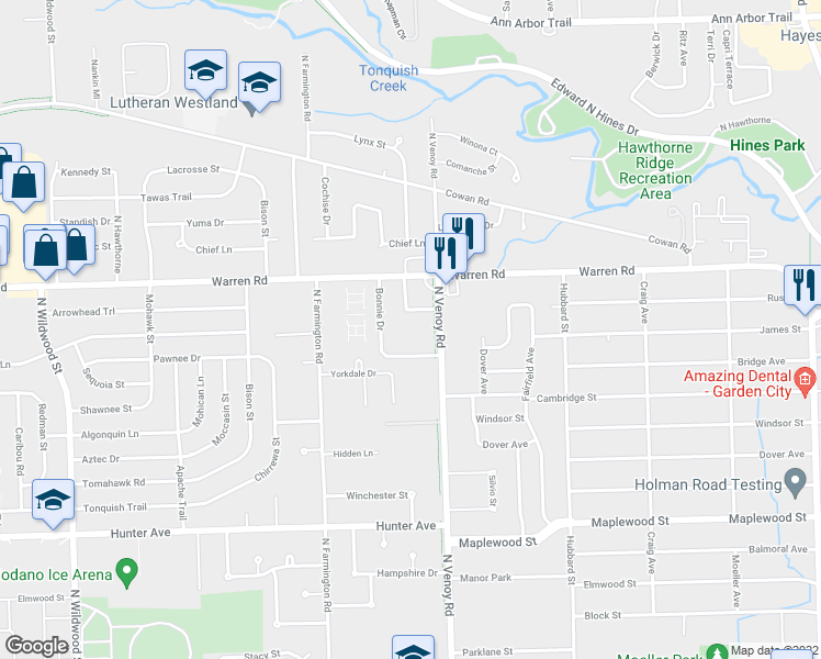 map of restaurants, bars, coffee shops, grocery stores, and more near 7017 Bonnie Drive in Westland
