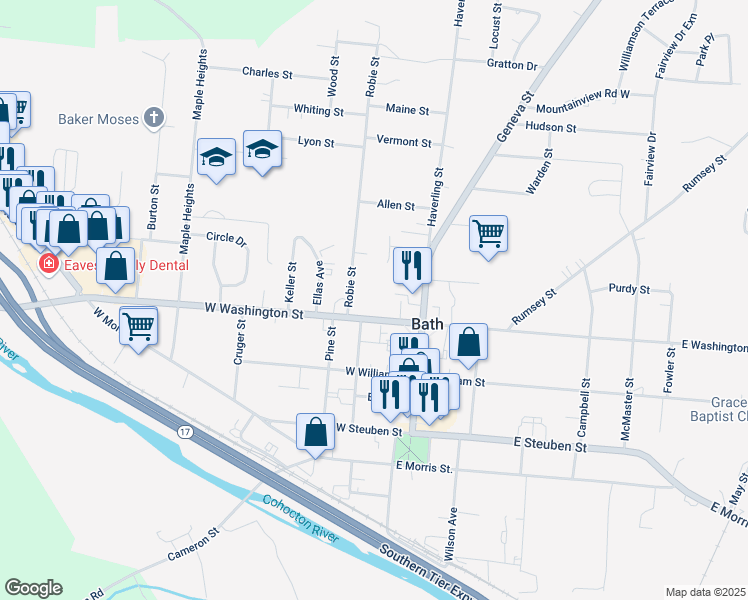 map of restaurants, bars, coffee shops, grocery stores, and more near 14 West Washington Street in Bath