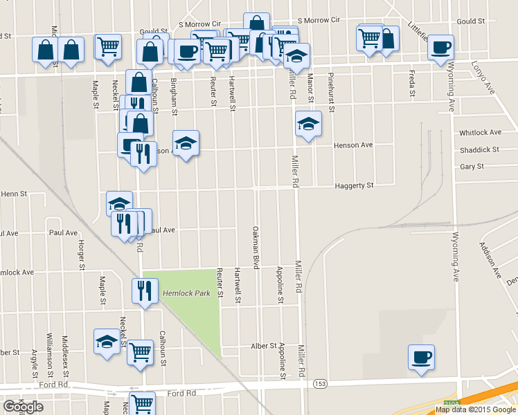 map of restaurants, bars, coffee shops, grocery stores, and more near 6422 Oakman Boulevard in Dearborn