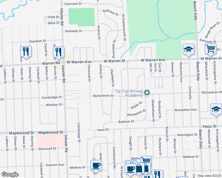 map of restaurants, bars, coffee shops, grocery stores, and more near 6821 Plainfield Street in Dearborn Heights