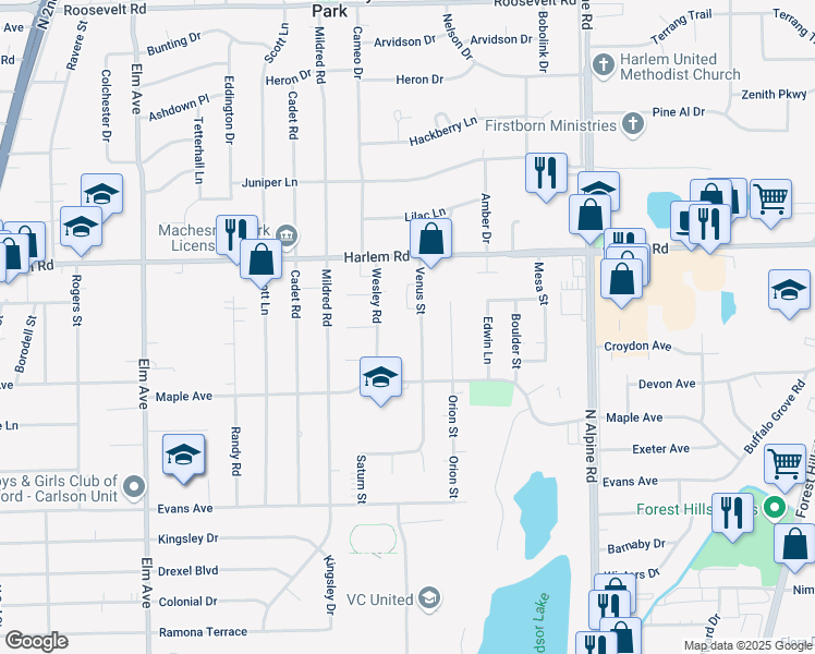 map of restaurants, bars, coffee shops, grocery stores, and more near 7812 Venus Street in Loves Park