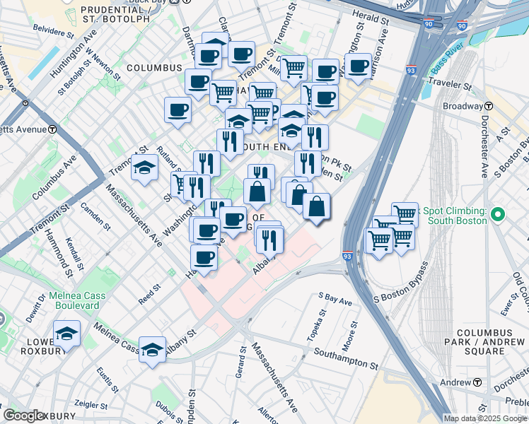 map of restaurants, bars, coffee shops, grocery stores, and more near 535 Columbus Avenue in Boston