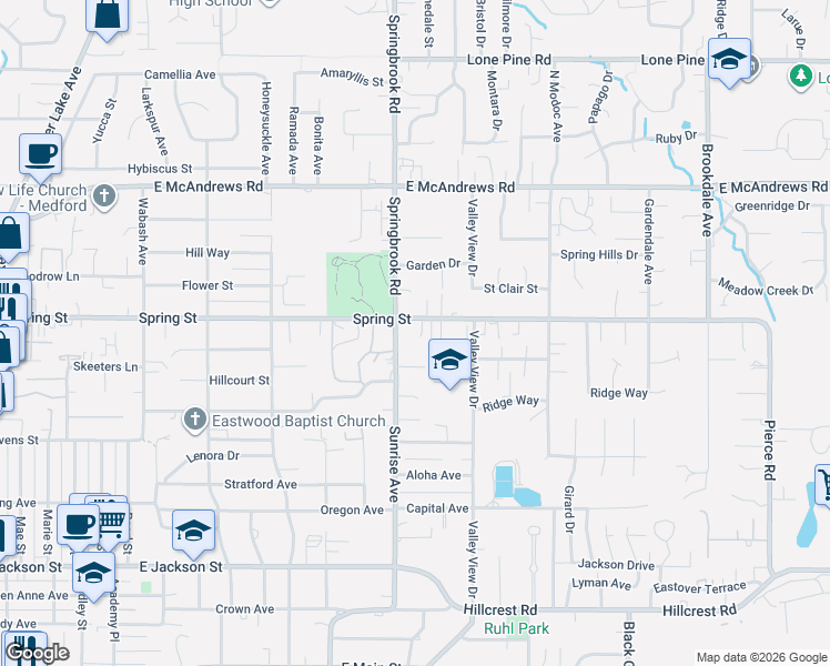 map of restaurants, bars, coffee shops, grocery stores, and more near 896 Sunrise Avenue in Medford