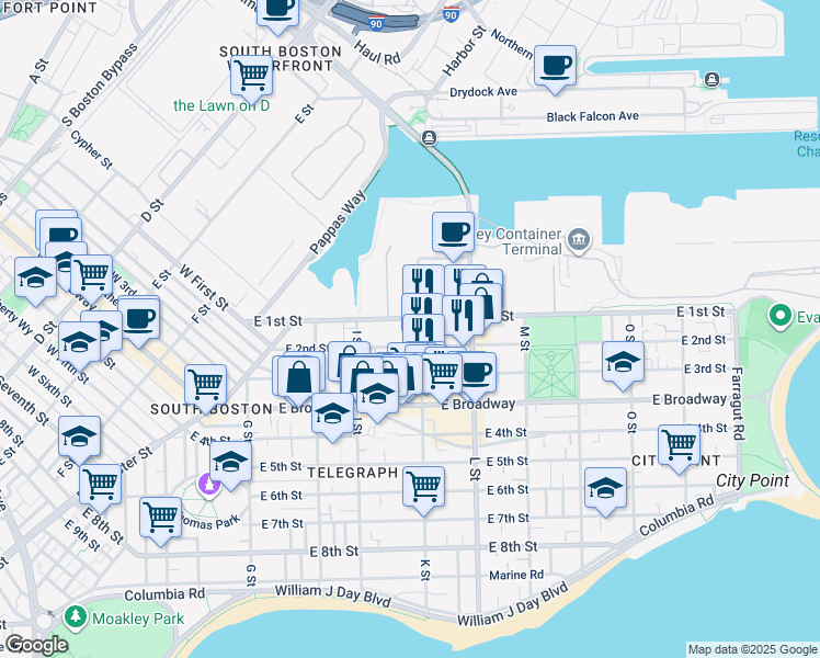 map of restaurants, bars, coffee shops, grocery stores, and more near 618 East 2nd Street in Boston