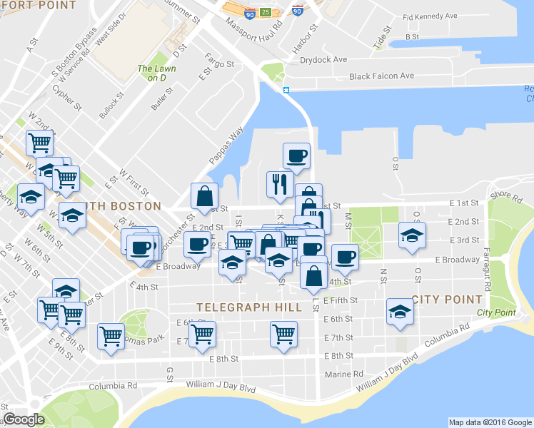 map of restaurants, bars, coffee shops, grocery stores, and more near 618 East 2nd Street in Boston