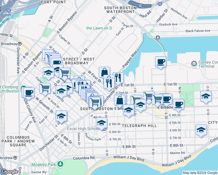 map of restaurants, bars, coffee shops, grocery stores, and more near 103 Dresser Street in Boston