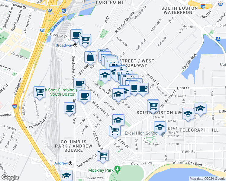 map of restaurants, bars, coffee shops, grocery stores, and more near 205 D Street in Boston
