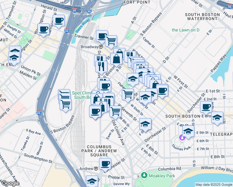map of restaurants, bars, coffee shops, grocery stores, and more near 52 Pier 7 in Boston