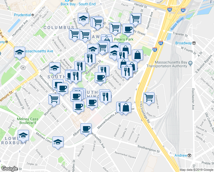 map of restaurants, bars, coffee shops, grocery stores, and more near in Boston