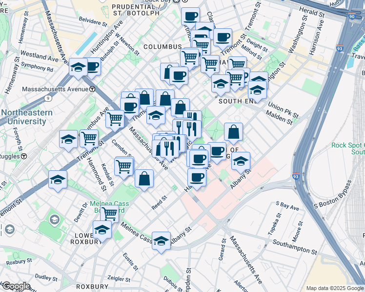 map of restaurants, bars, coffee shops, grocery stores, and more near 1718 Washington Street in Boston