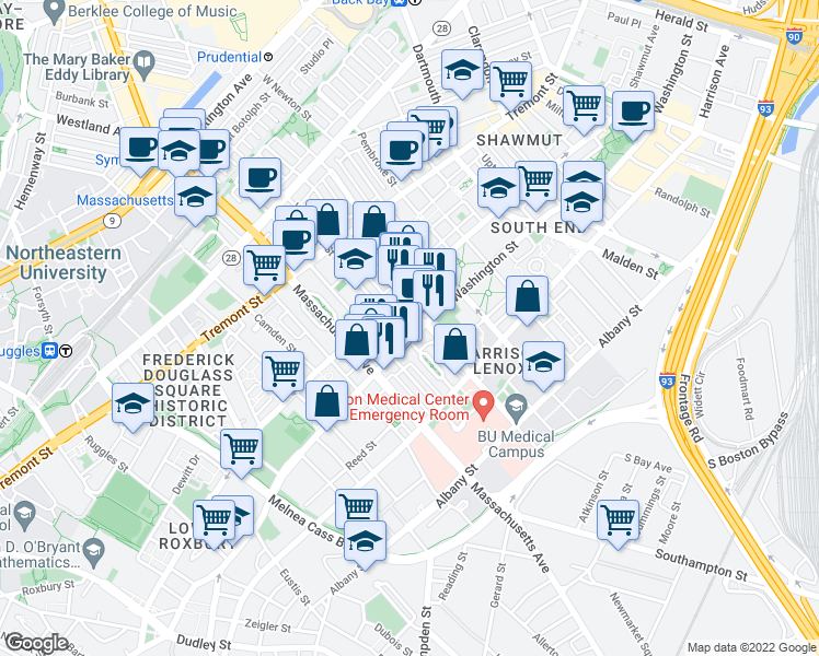map of restaurants, bars, coffee shops, grocery stores, and more near 1718 Washington Street in Boston