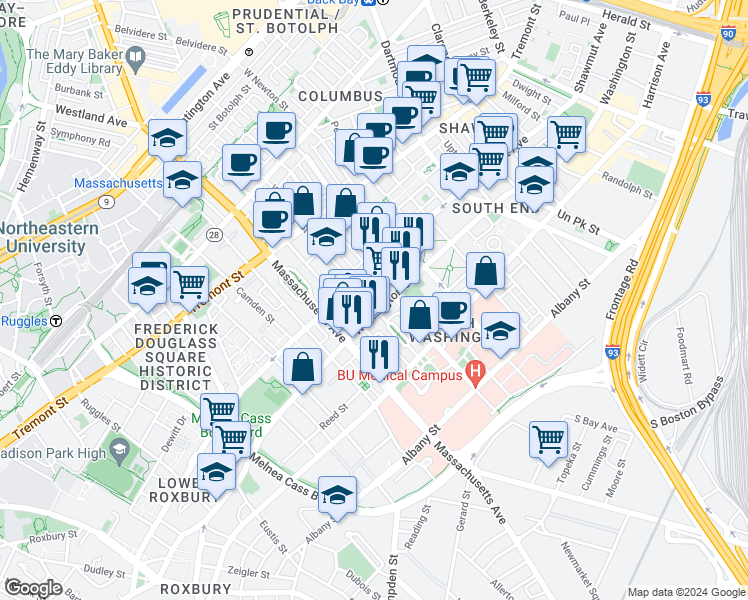 map of restaurants, bars, coffee shops, grocery stores, and more near 1718 Washington Street in Boston