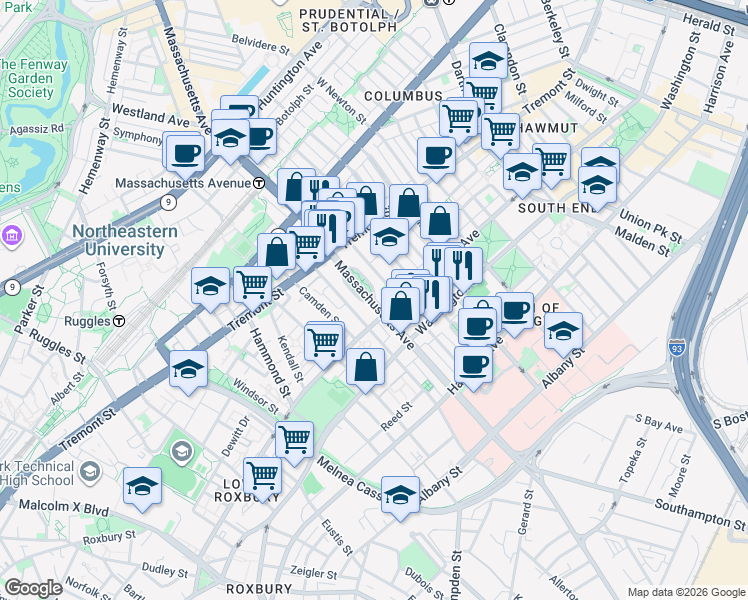map of restaurants, bars, coffee shops, grocery stores, and more near 179 Northampton Street in Boston