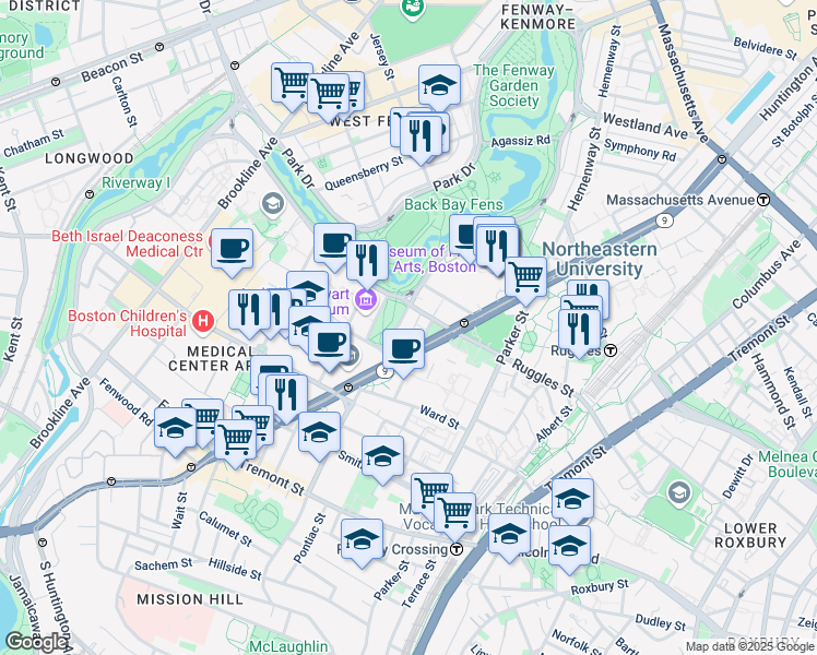 map of restaurants, bars, coffee shops, grocery stores, and more near 19 Vancouver Street in Boston